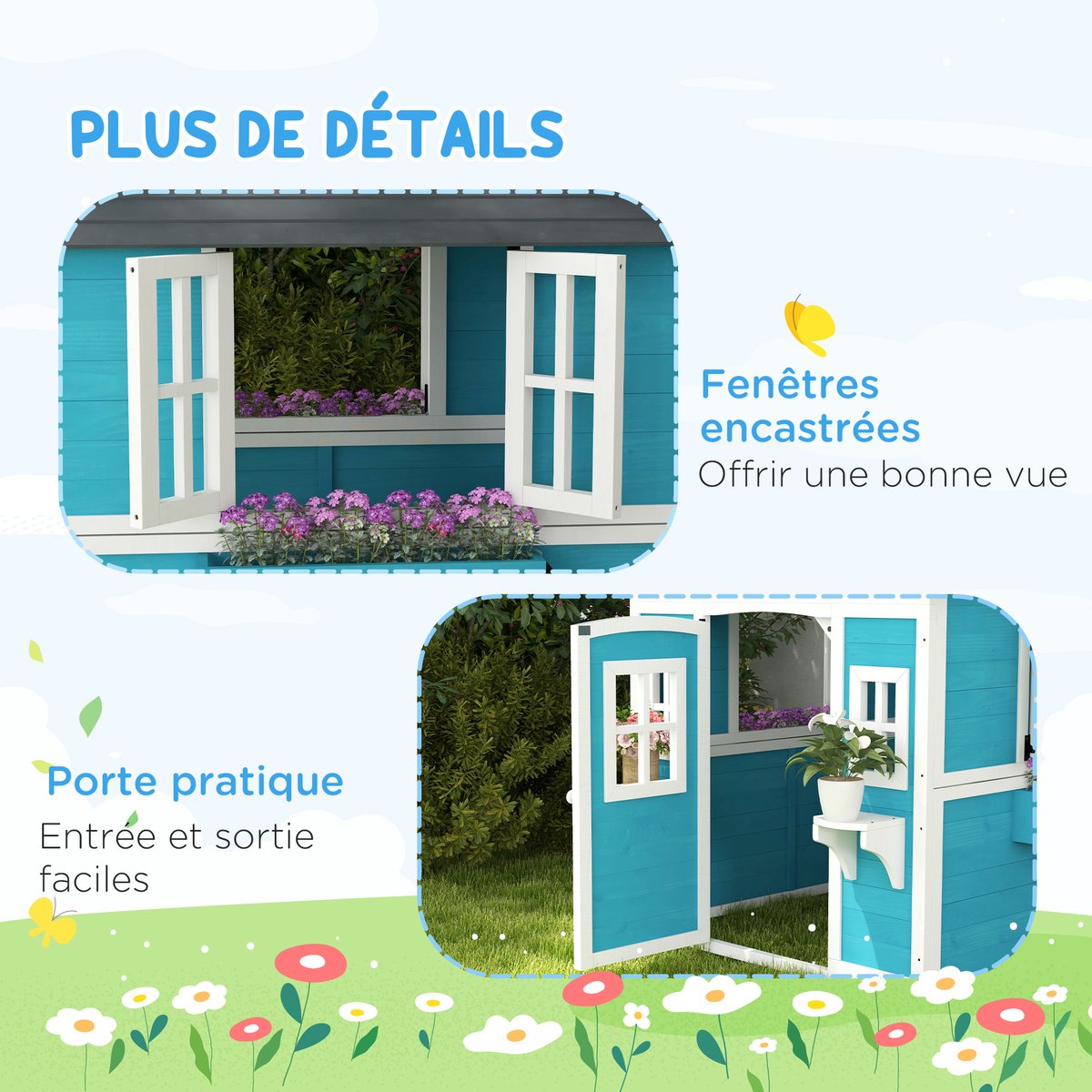 Maisonnette pour enfants Bois massif Bleu bleu, OUTSUNNY