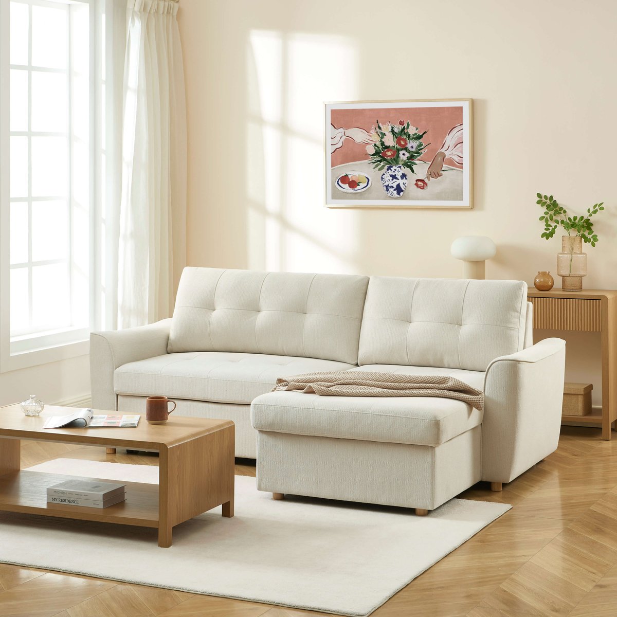 Canapé d'angle convertible tissu TAMARA beige, BAÏTA