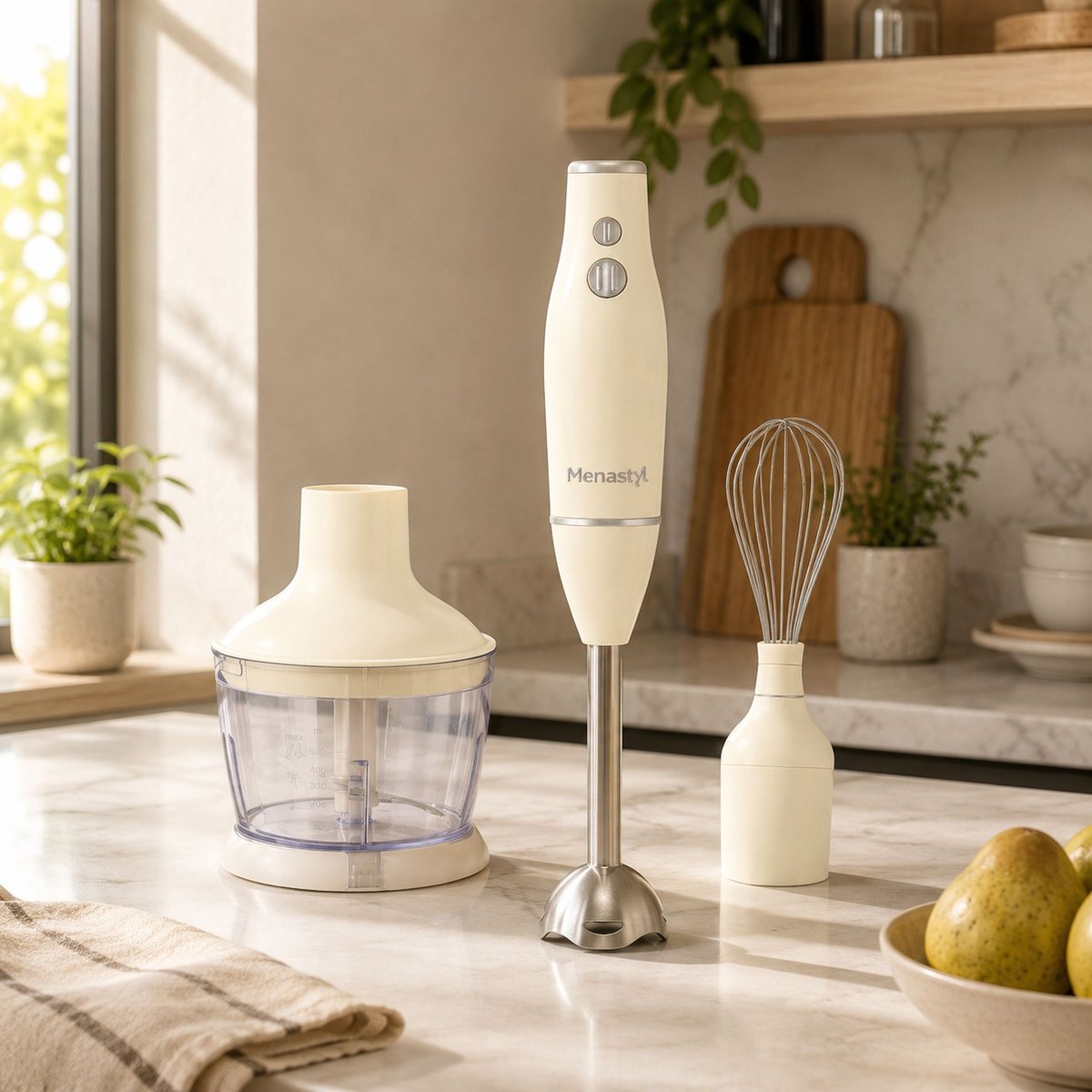 Mixeur 3 en 1 - 600W - 2 vitesses, RETRO crème, MENASTYL