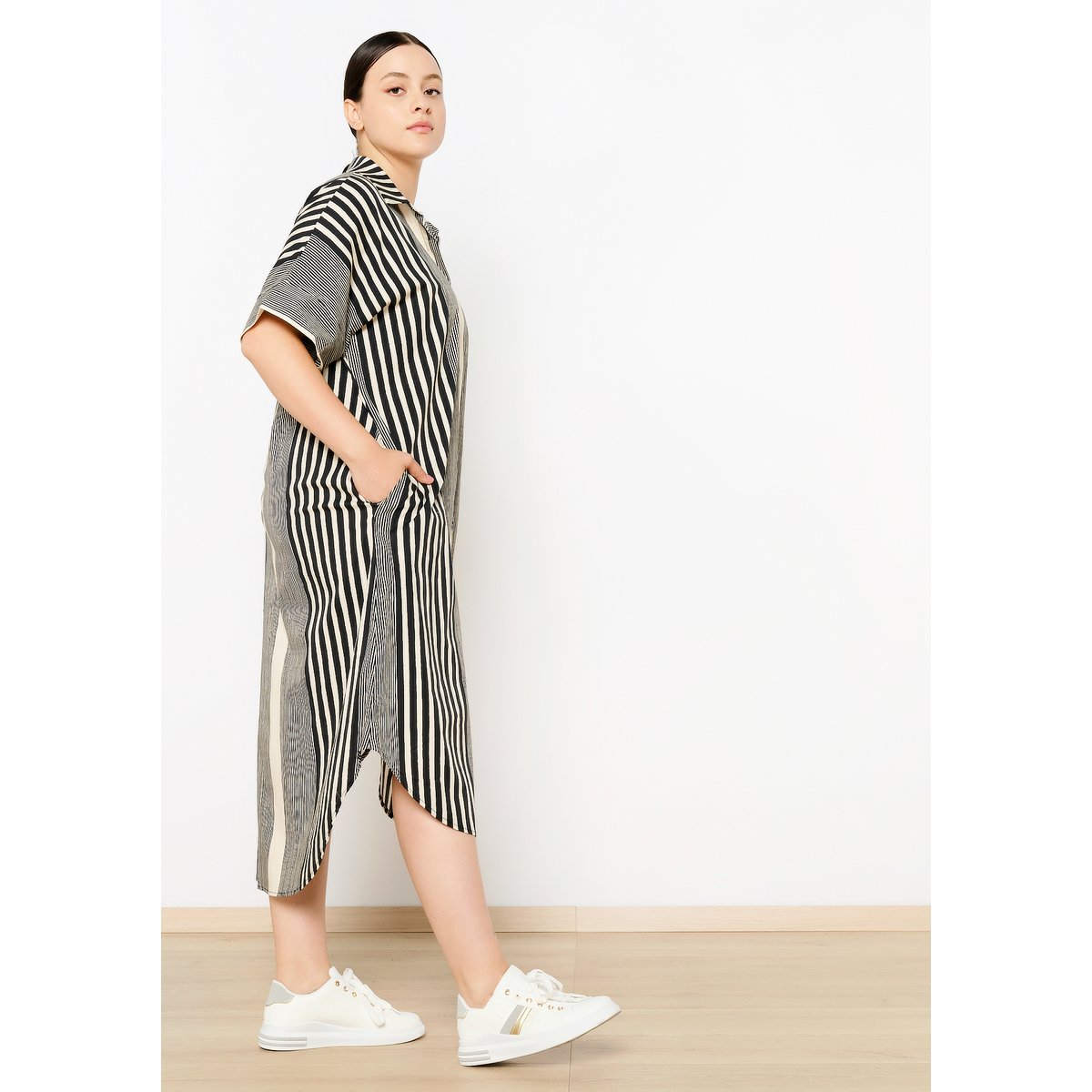 Robe-chemise mi-longue à rayures noir, LOLALIZA