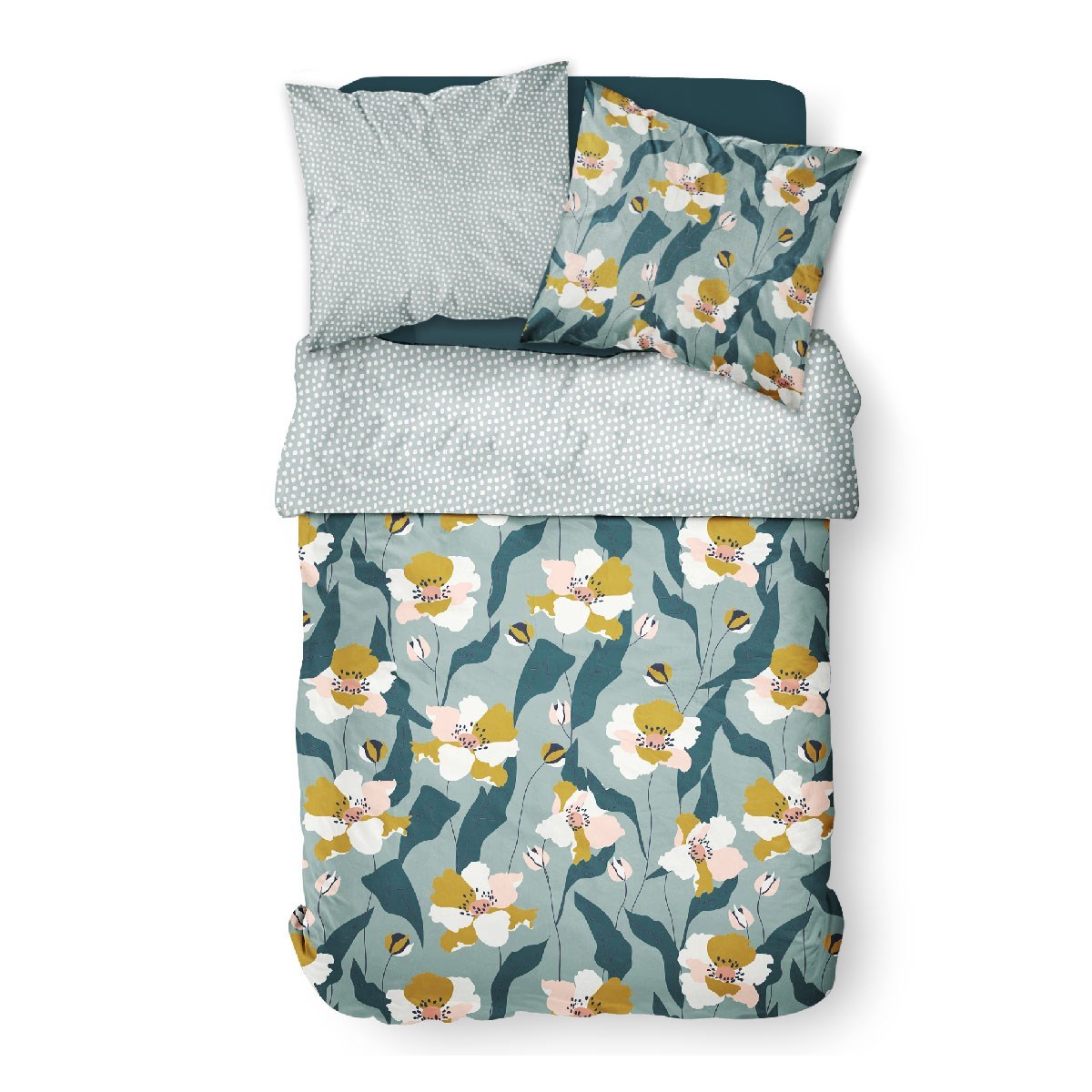Parure de lit coton 2 personnes imprimé floral SUNSHINE bleu, TODAY
