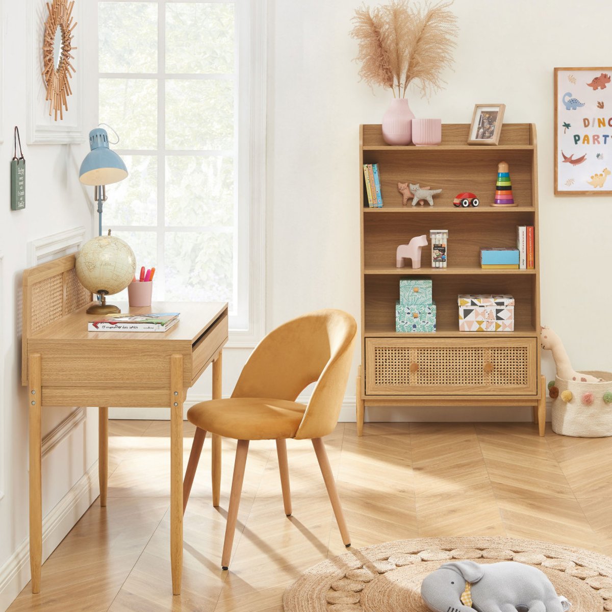 Bibliothèque enfant en bois et cannage H140cm- LILOU bois clair, DRAWER