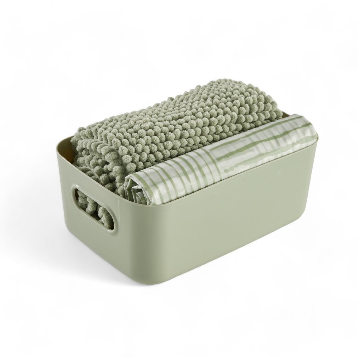 Set de douche 3 accessoires rideau tapis panier BATHROOM vert, UTILITY