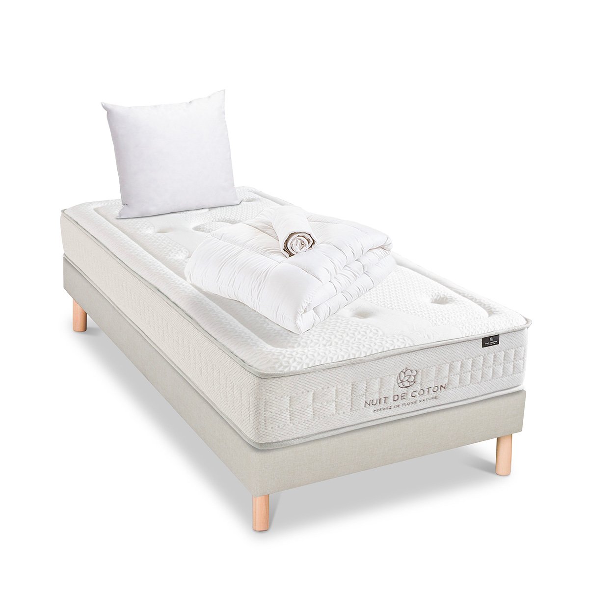 Pack Prélude 2.0 140x200 cm Matelas Latex 100% Naturel + Sommier Bois + Accessoires beige, BELLECOUR