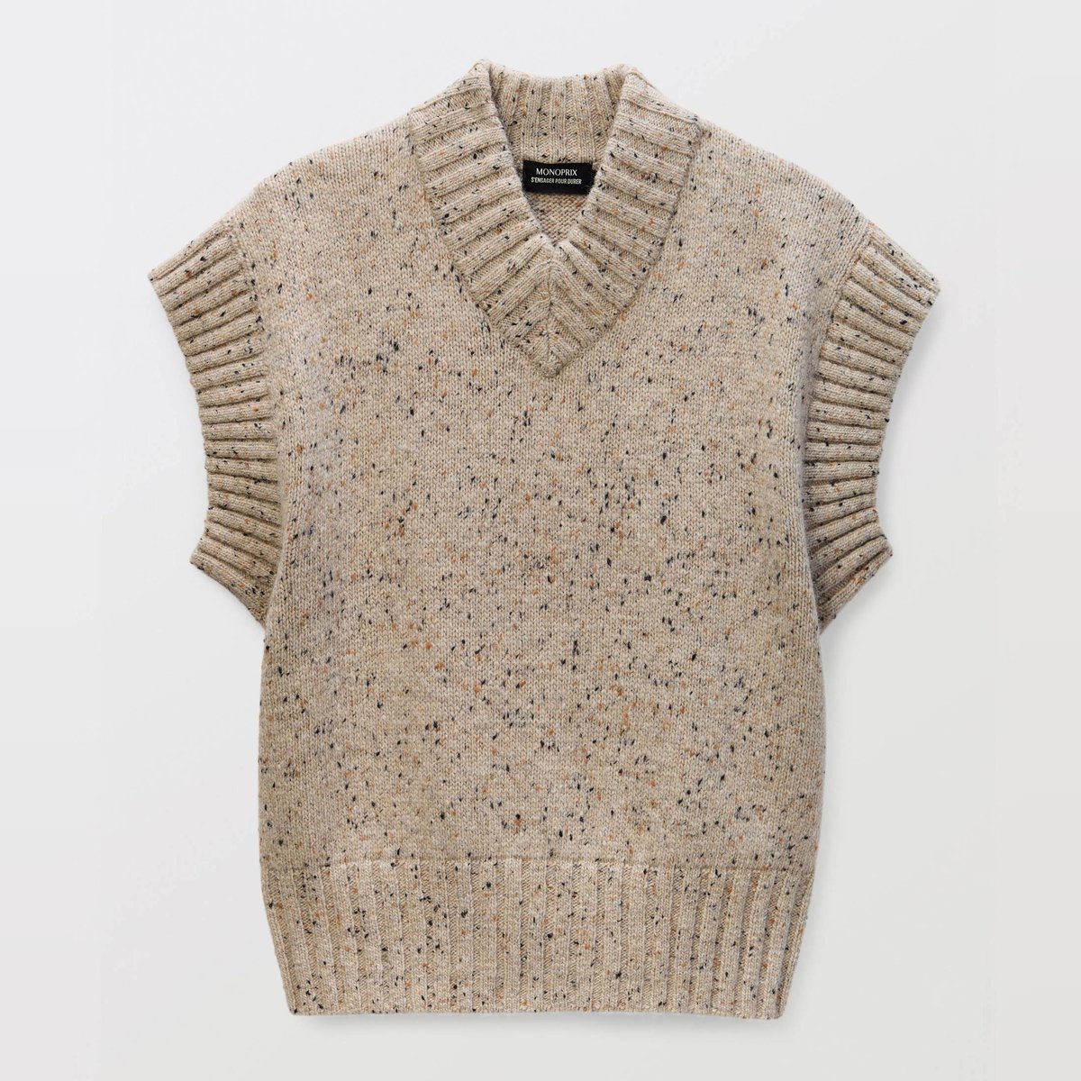 Pull sans manche col V contenant de la laine merinos etoffe, MONOPRIX