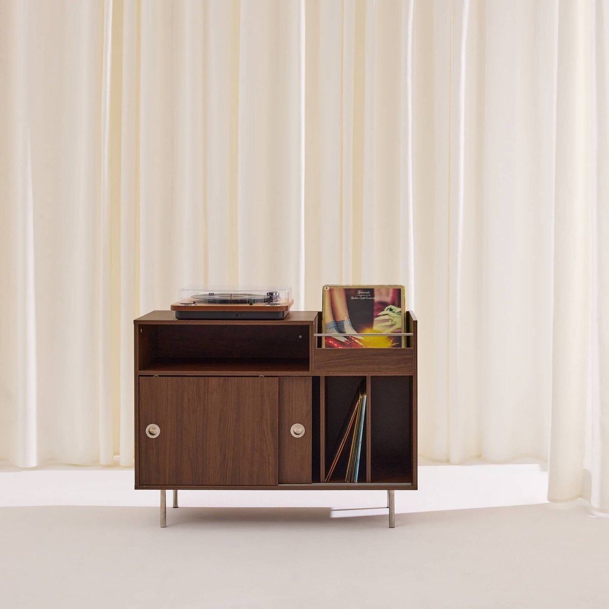 Meuble vinyle vintage décor bois et acier inoxydable 100cm SHELBY noyer, SWEEEK