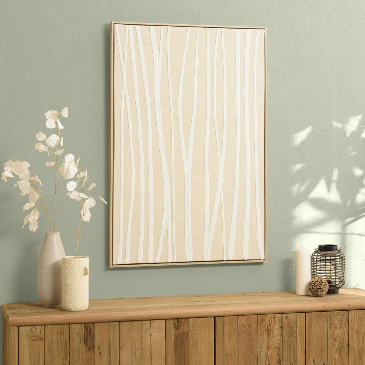 Tableau écru lignes blanches peinture au sable 83 x 123 cm ecru - lignes, PIER IMPORT