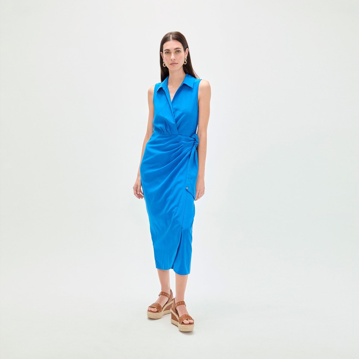 Robe midi drapée esprit portefeuille azur, LOLA CASADEMUNT