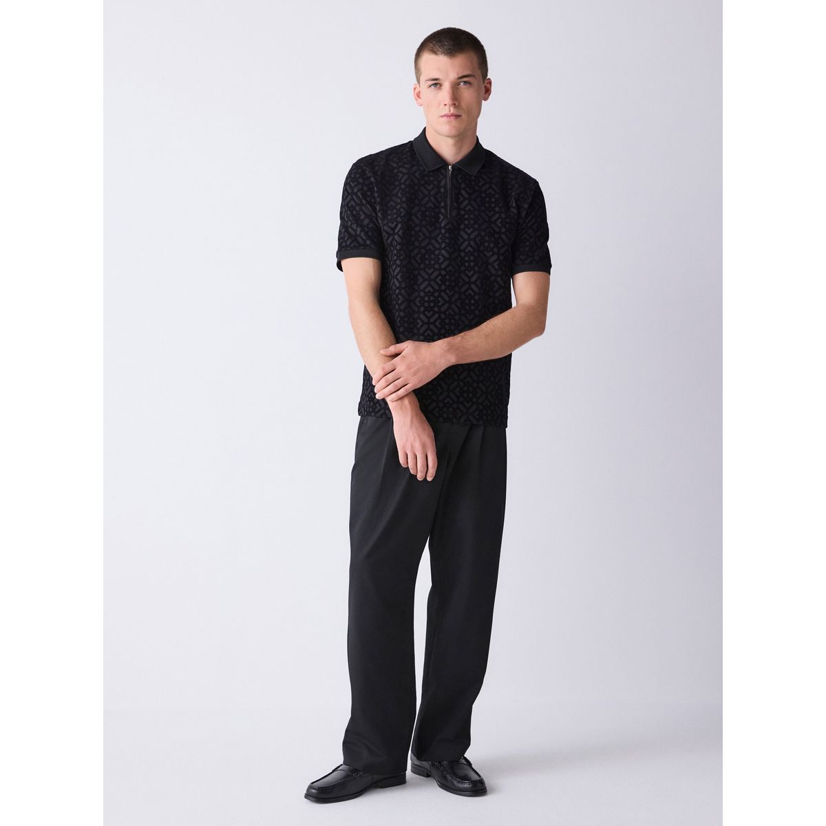 Polo habillé à motif jacquard noir, NEXT