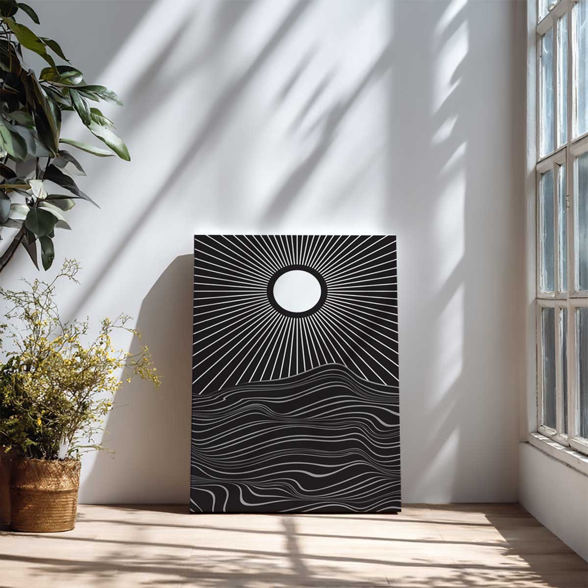 Tableau soleil abstrait noir et blanc toile imprimée, HEXOA
