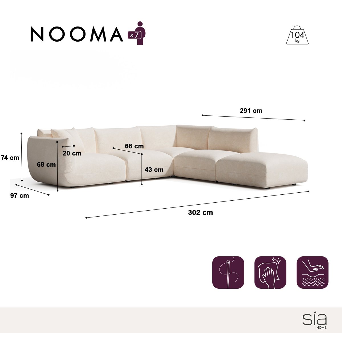 Canapé grand angle droit modulable 7 places en velours chenillé NOOMA crème, SIA HOME