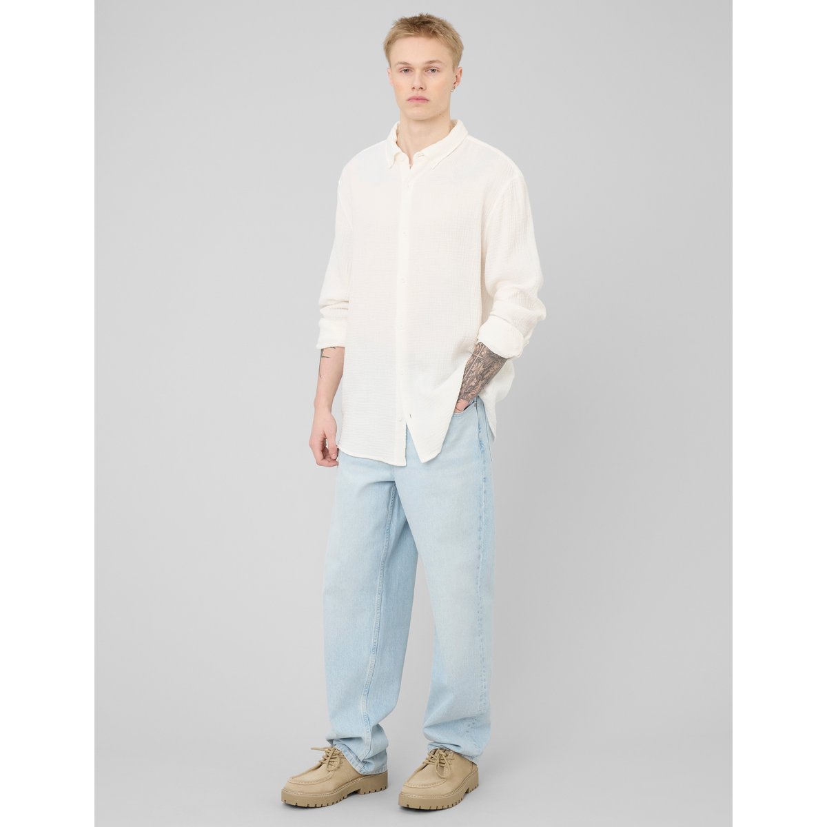 Chemise manches longues gaze de coton blanc écru, BZB