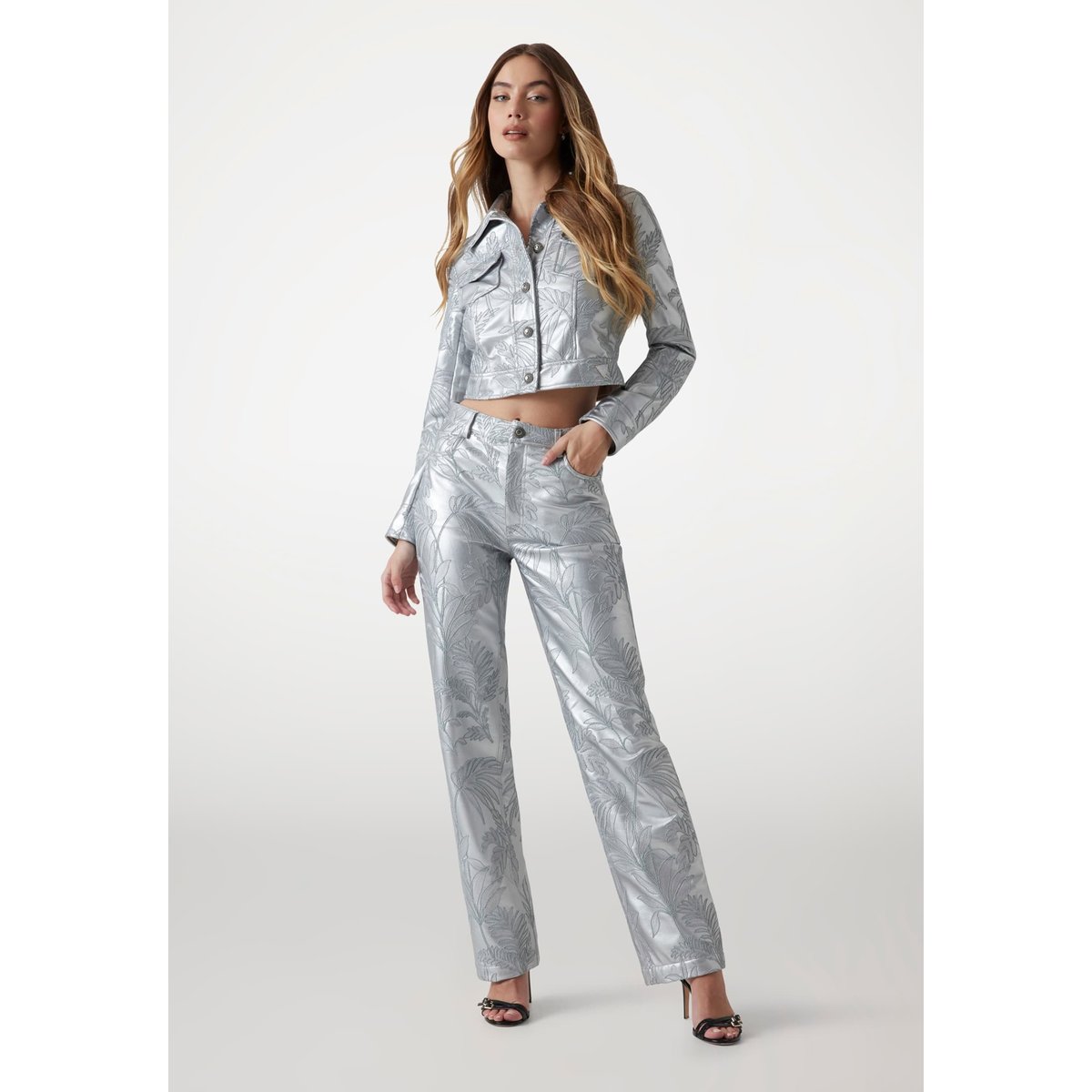 Pantalon Similicuir Brodé argent, GUESS