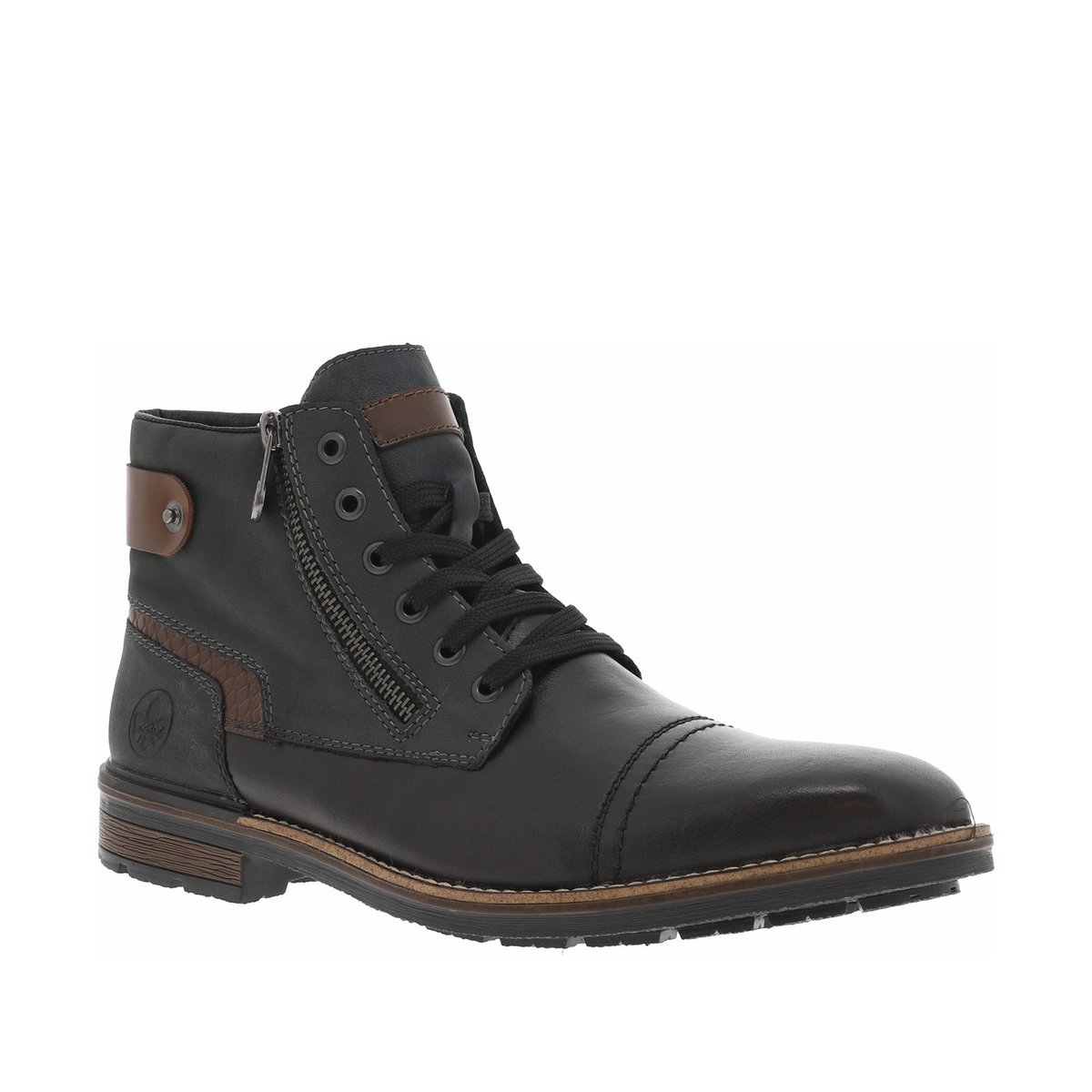 Bottines en cuir grises à talon décroché bas avec des lacets et 2 zips latéraux grises, RIEKER