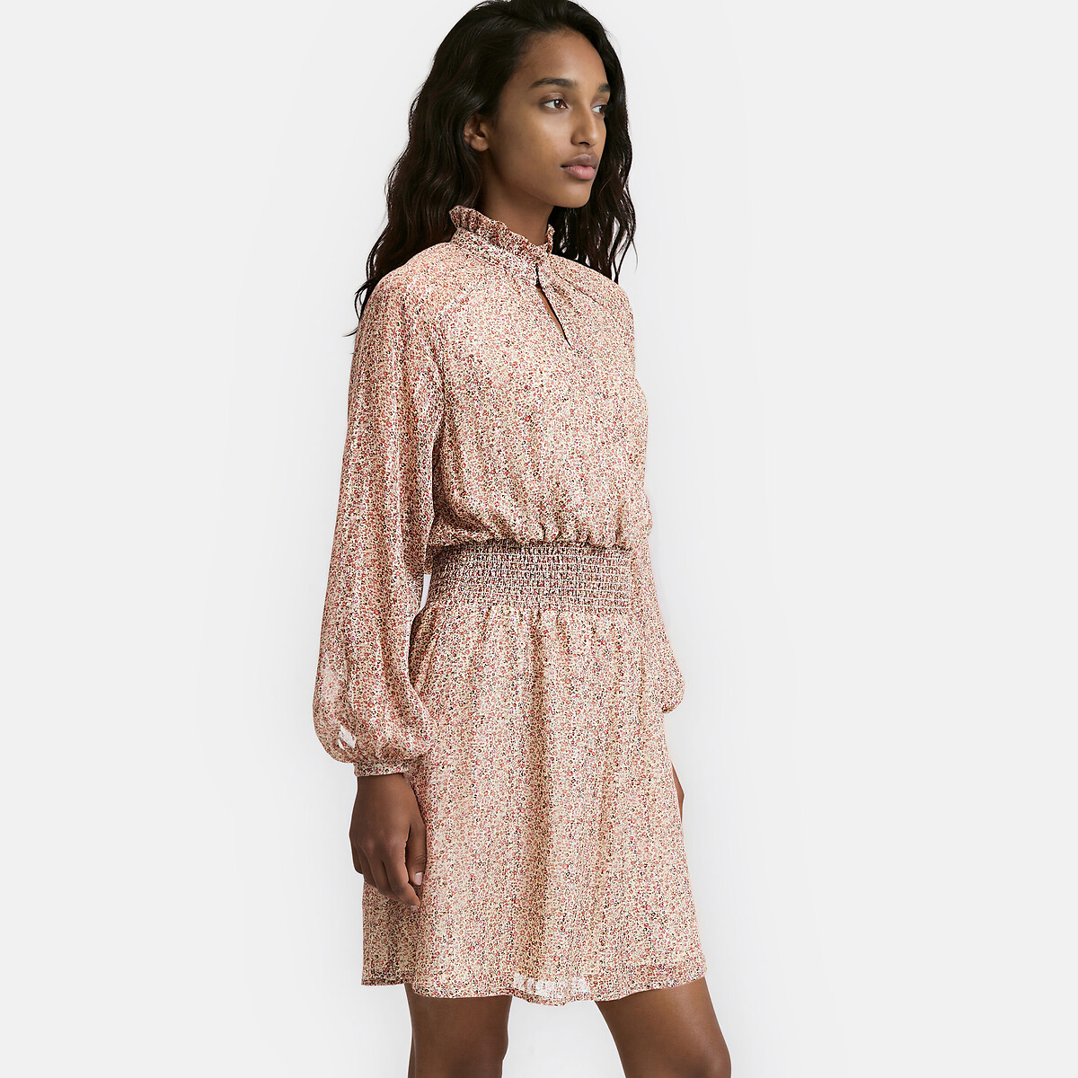 Floral Print Long Sleeve Victorian Collar Mini Dress pink, LA REDOUTE COLLECTIONS