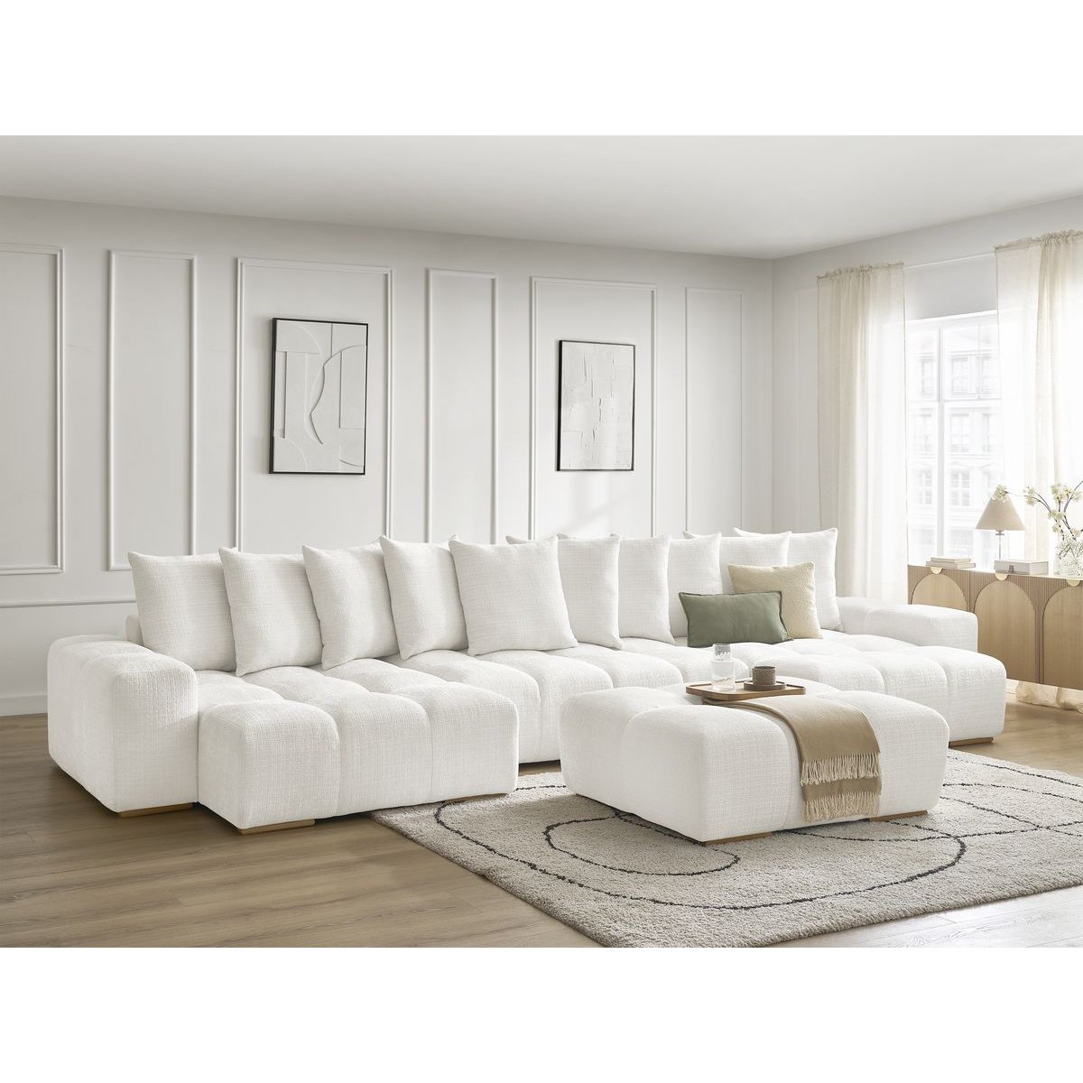 Canapé panoramique convertible 6 places en tissu texturé avec pouf, ANAKIN blanc, BOBOCHIC