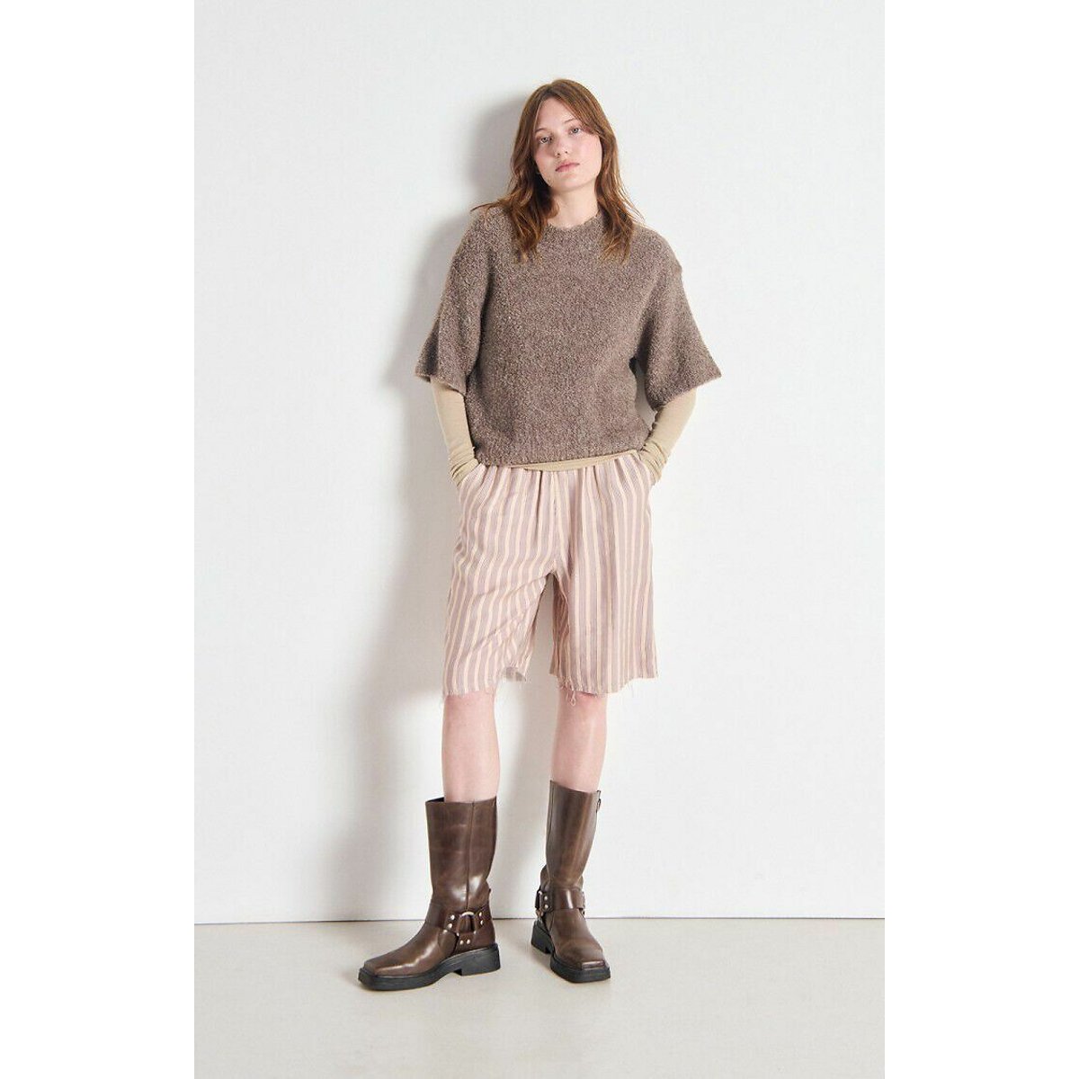 Pull ample col rond, à manches courtes, ZOLLY taupe chiné, AMERICAN VINTAGE