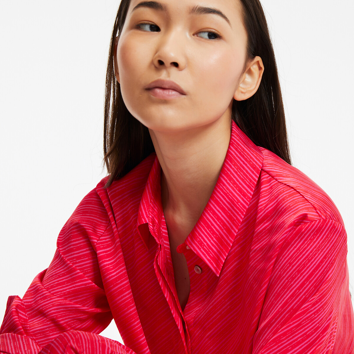 Striped Satin Shirt with Long Sleeves red striped/pink, LA REDOUTE COLLECTIONS