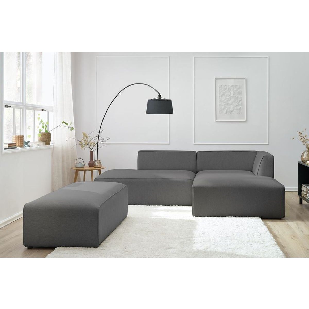 Canapé modulable 5 places en tissu chiné avec pouf, MEGEVE gris foncé, BOBOCHIC