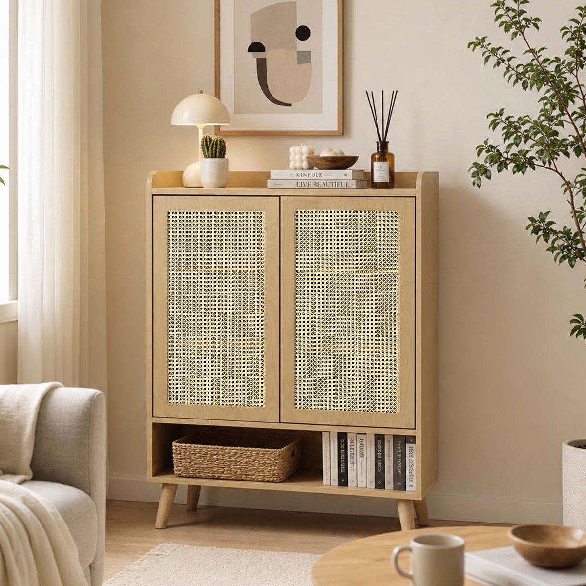 Armoire de rangement avec 2 portes 7 couches Imitation chêne scandinave, MELVINB2 chêne, MEUBLES COSY