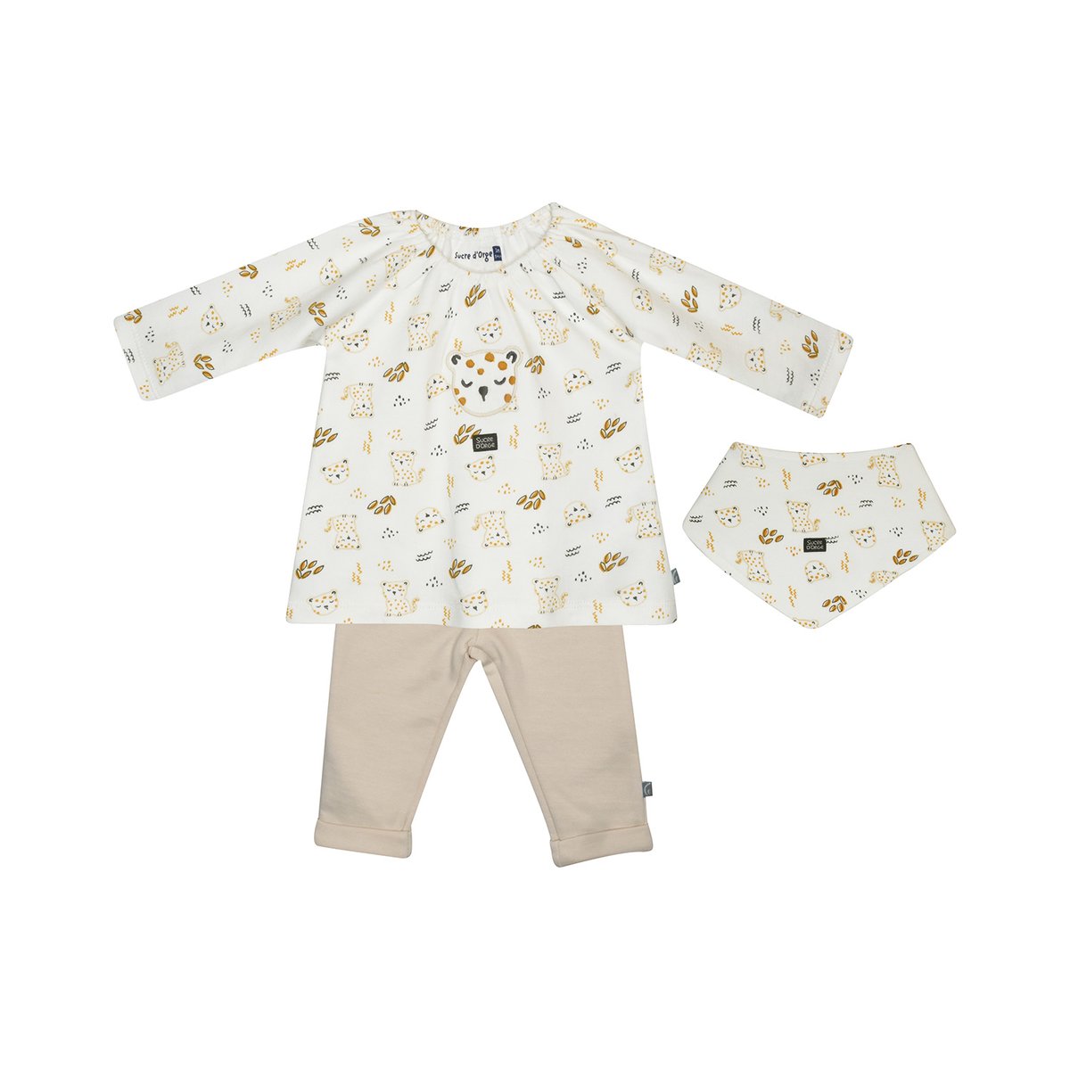 Ensemble tunique legging bavoir genevieve maille manches longues naissance beige, SUCRE D'ORGE