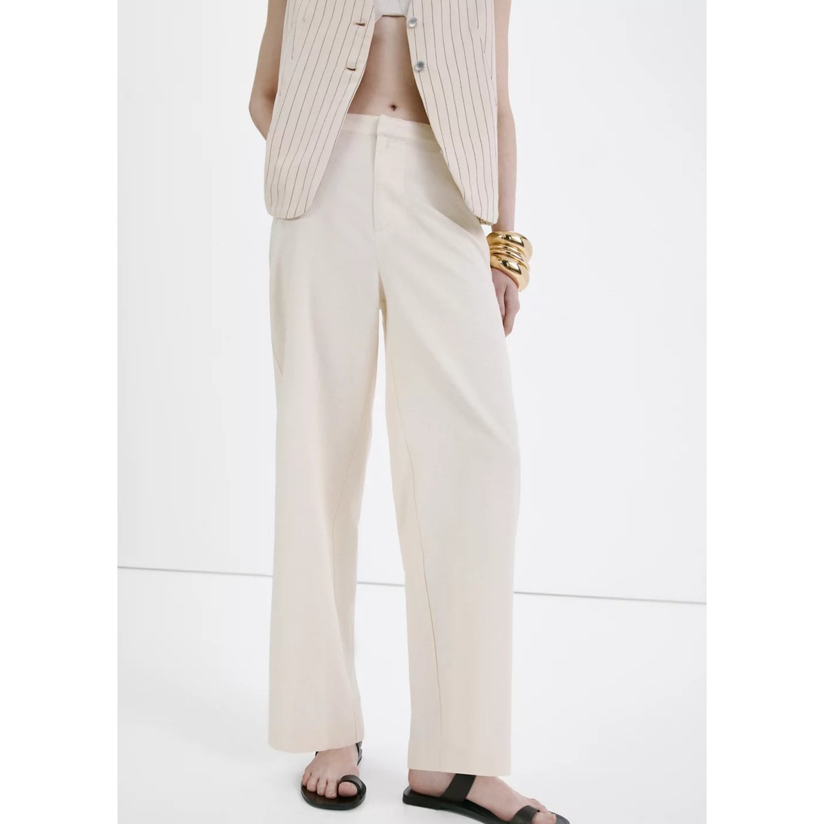 Pantalon en lin taille haute beige, MANGO