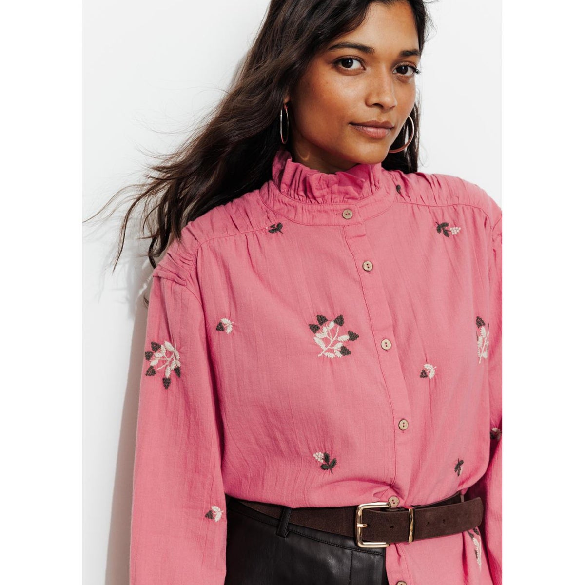 Chemise brodée col Victorien rose, PROMOD