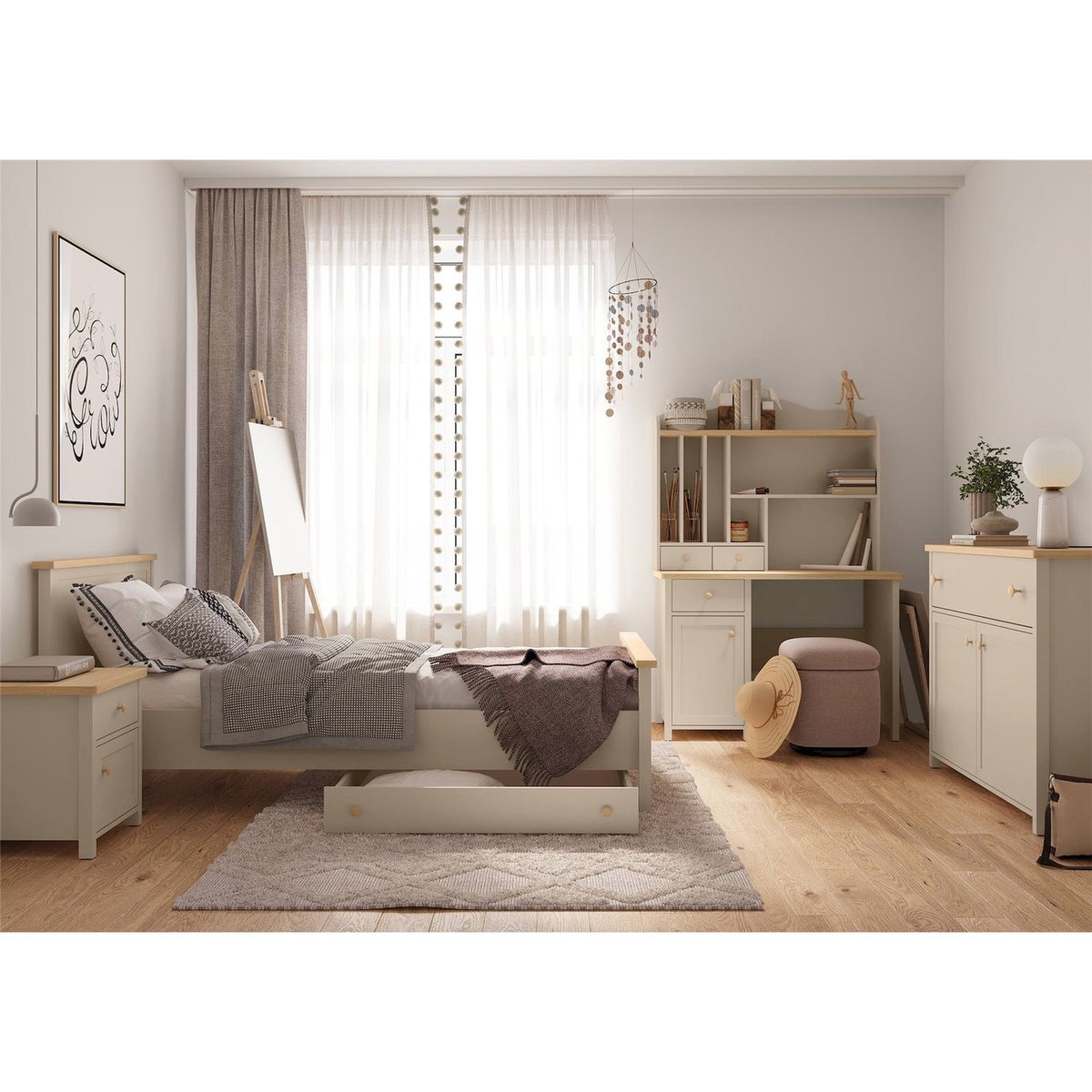 Commode enfant 2 portes 1 tiroir collection STORY beige sable et chêne blanchi, RECOLLECTION