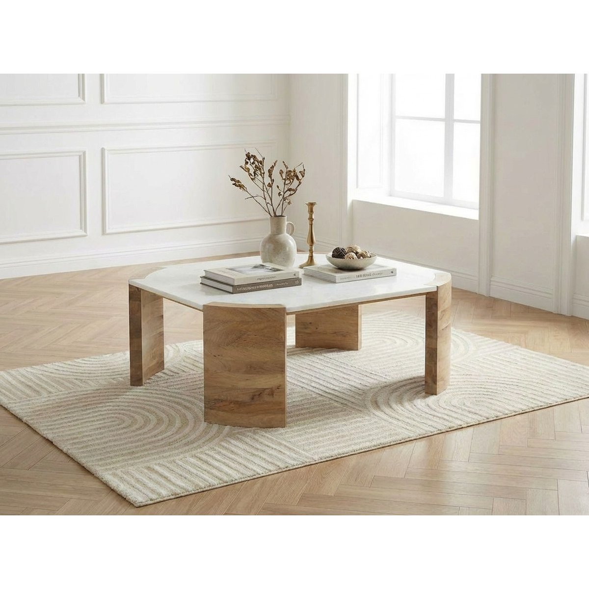 Table basse carrée en marbre, TORVI blanc, BOBOCHIC