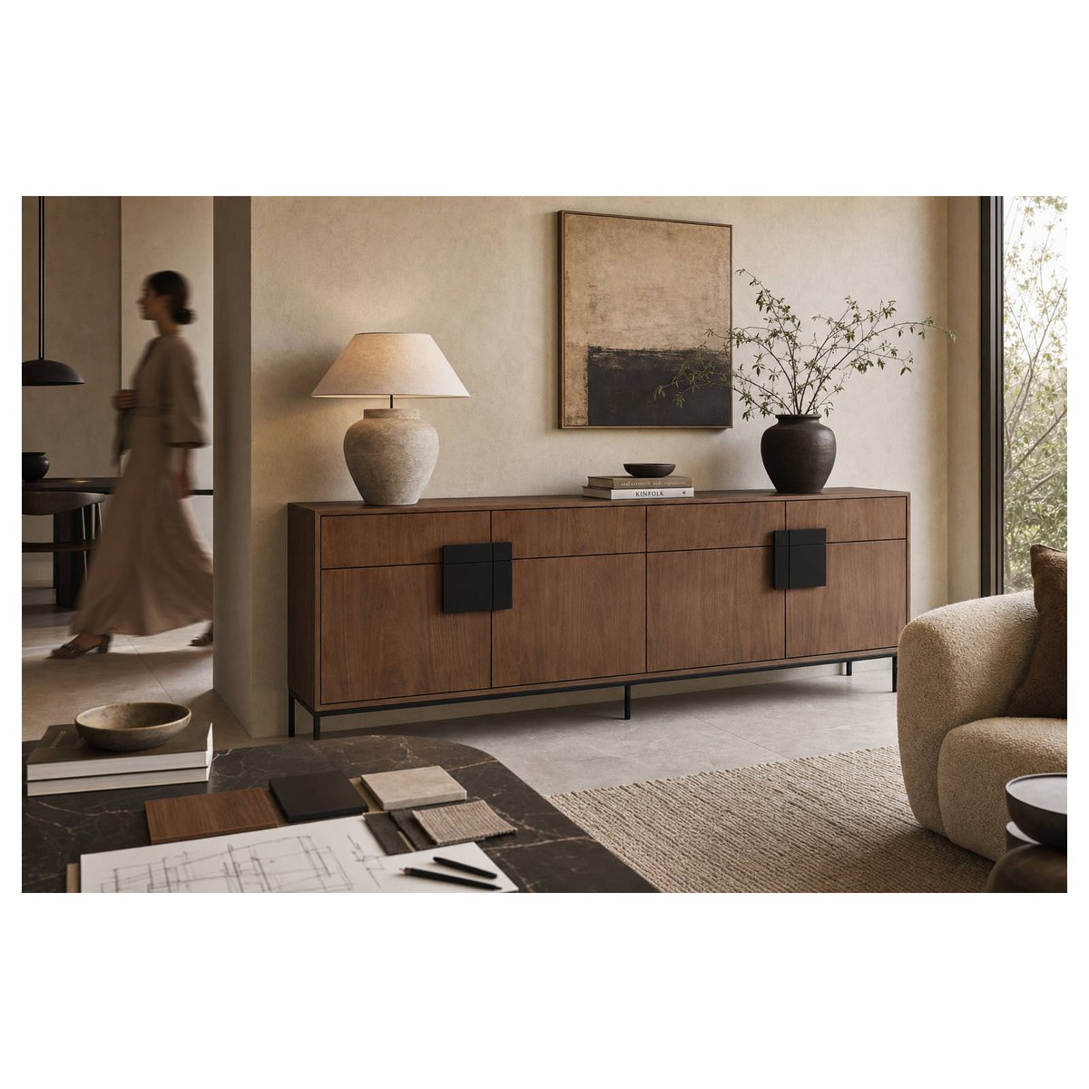 Buffet en bois d'orme et métal noyer, noir mat, RECOLLECTION
