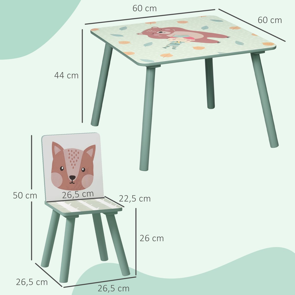 Ensemble table et chaises pour enfants Bois vert avec motifs animaux, ZONEKIZ