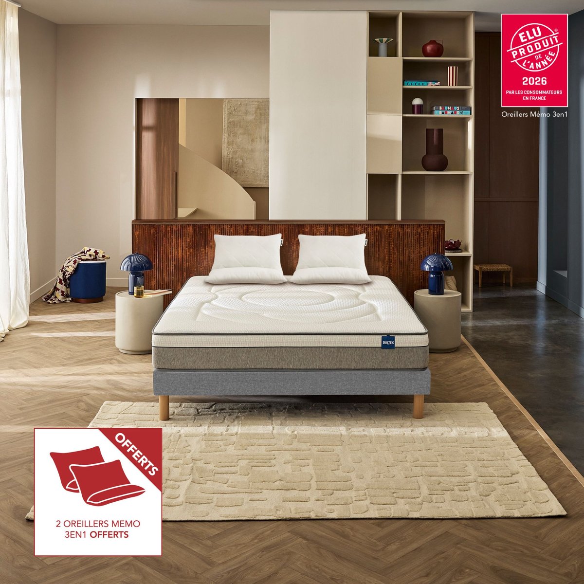 Ensemble matelas hybride très ferme Move + 2 oreillers Memo 3-en-1 offerts - Move couleur unique, BULTEX