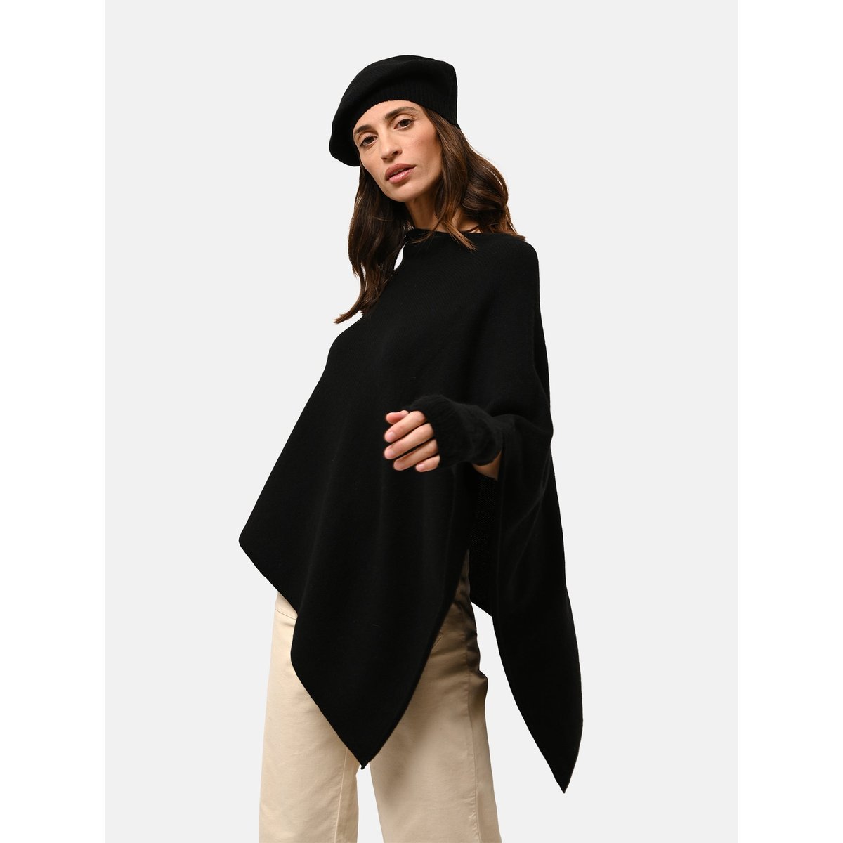 Poncho 4 Fils Ivoire Ashley noir, JUST CASHMERE