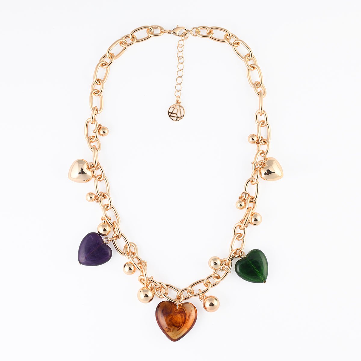 Collier chaîne à pendentifs cœurs en résine violets, marron et verts marron, BALABOOSTE