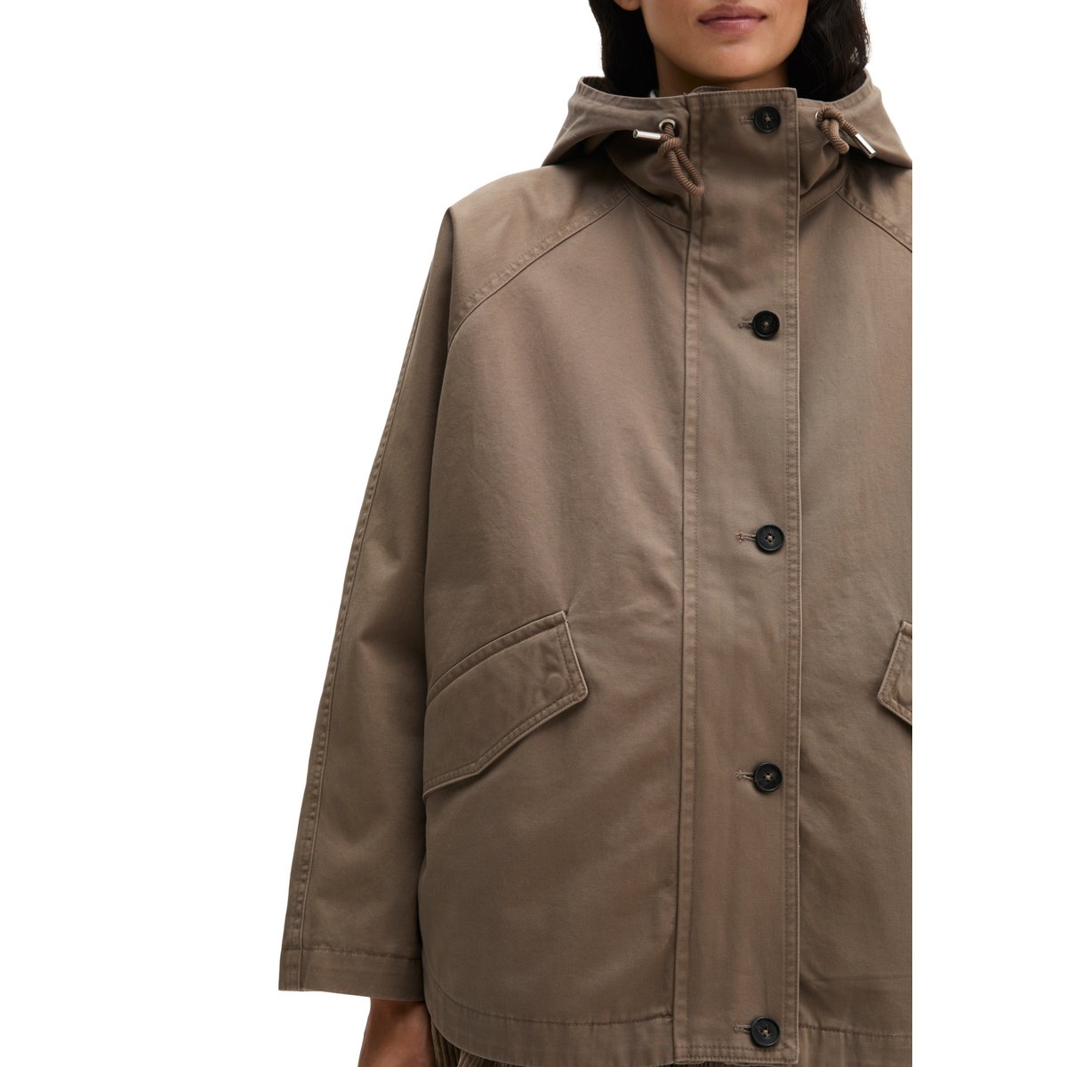 Veste cape avec capuche relaxed garment-dyed en sergé de coton organique marron, MARC O'POLO