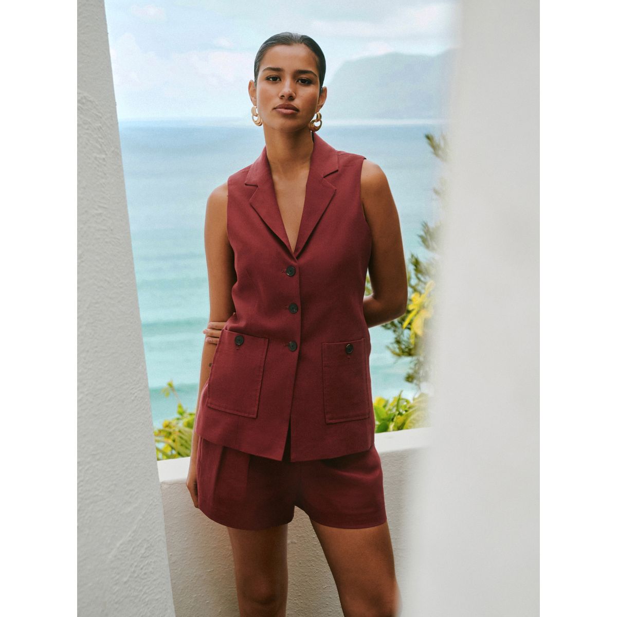 Gilet de costume en lin majoritaire avec col marron rouille, NEXT