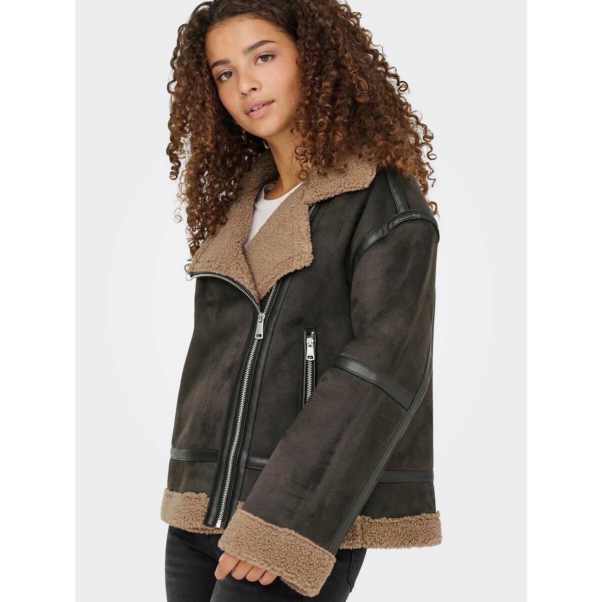 Manteau court esprit motard doublé sherpa chocolat, ONLY