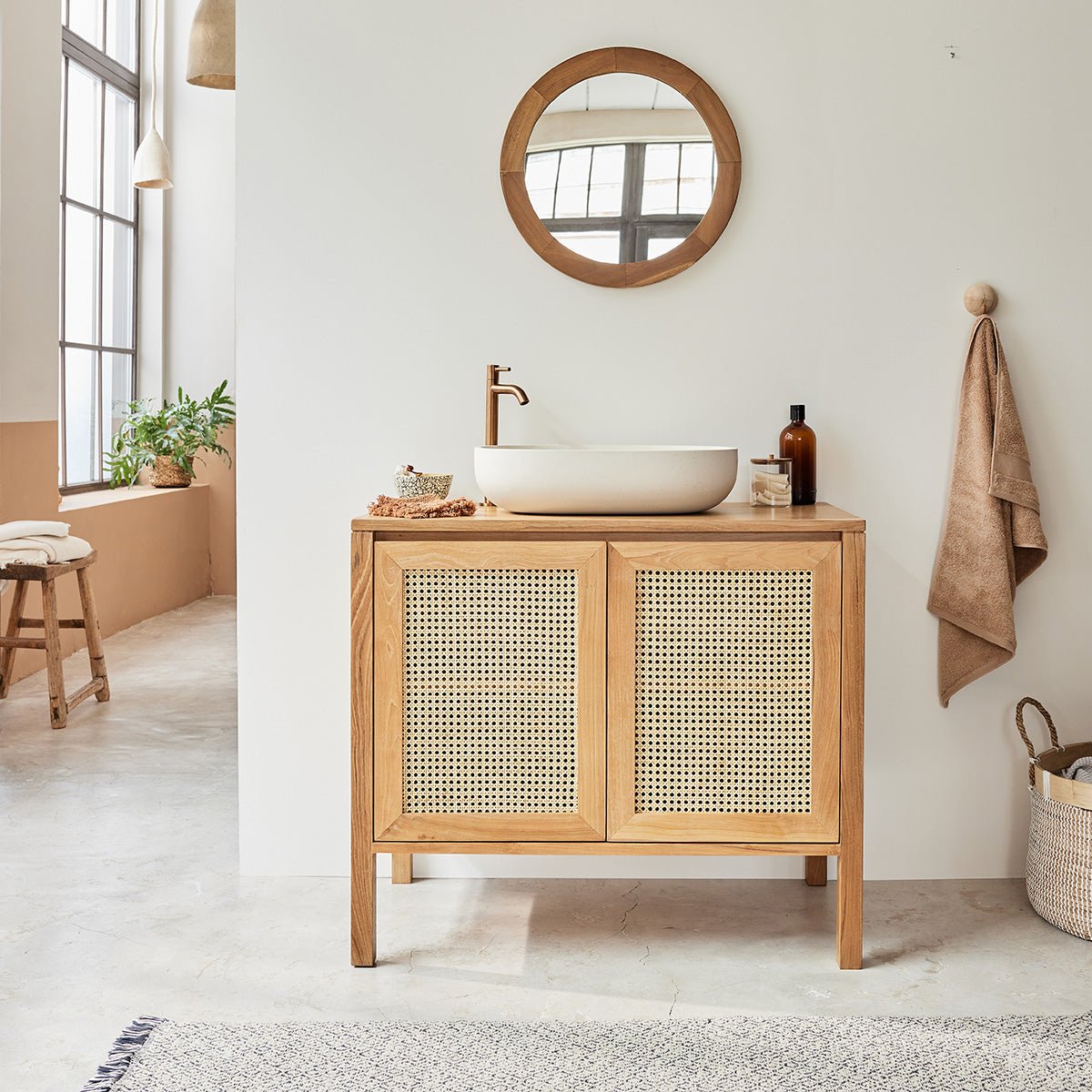 Meuble de salle de bain en teck massif et cannage 90 cm  ELIOTT naturel, BERAH GETAH