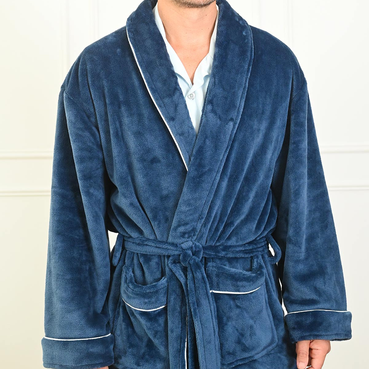 Peignoir polaire mixte avec passepoil KINSLEY denim, SENSEI MAISON