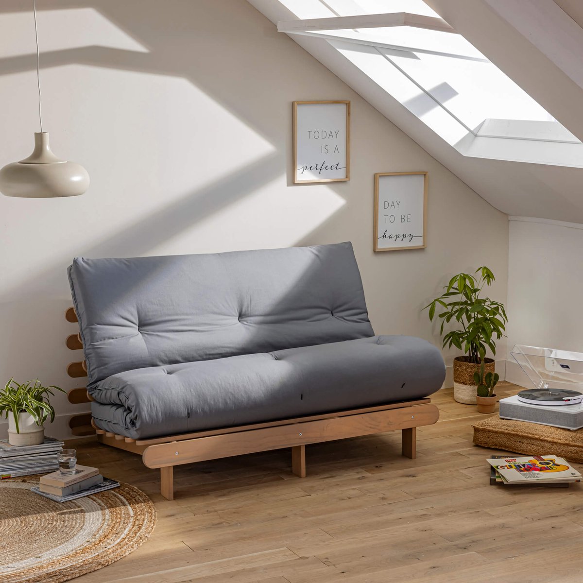 Futon coton + mousse mémoire anti-taches gris, TERRE DE NUIT