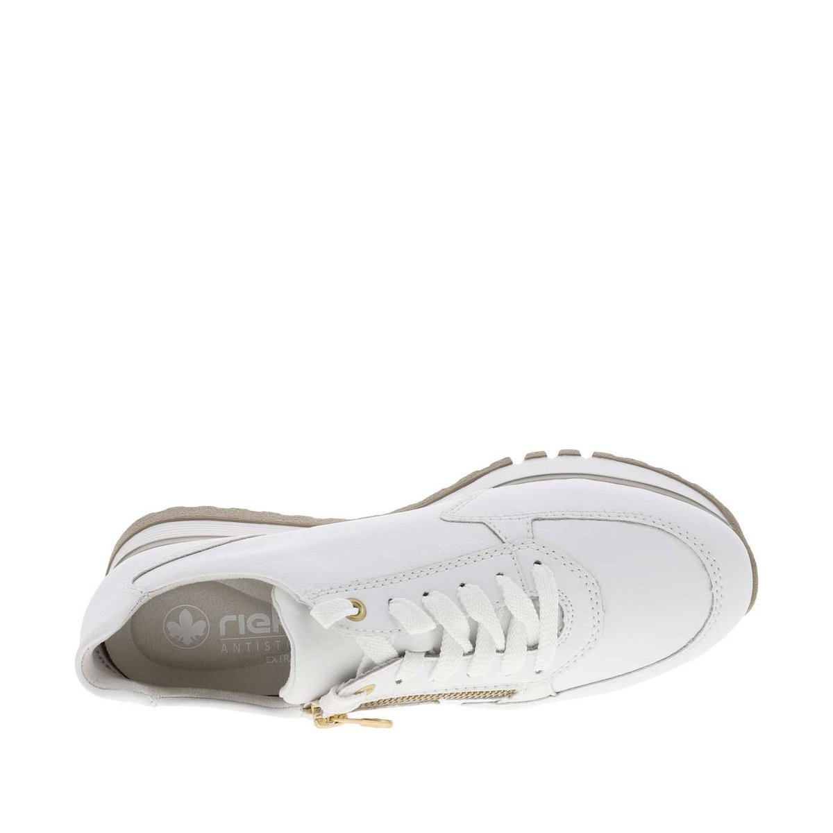 Baskets en cuir beiges à talon compensé bas avec des lacets et un zip latéral blanches, RIEKER