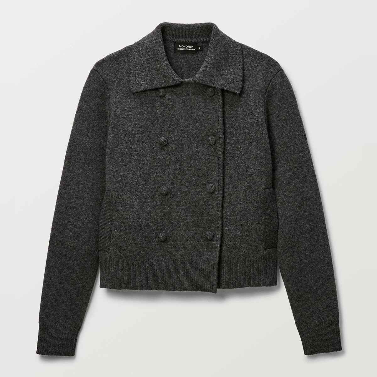 Veste en maille à double boutonnage en laine et coton gris chine fonce, MONOPRIX