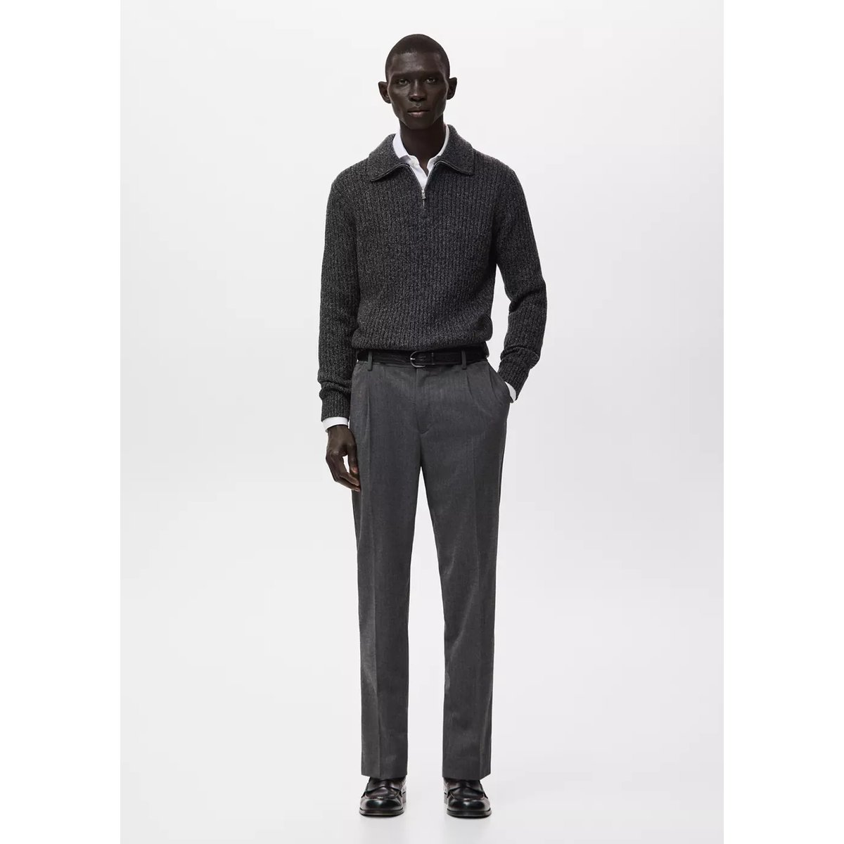 Pull polo laine mélangée fermeture éclair gris chiné foncé, MANGO MAN
