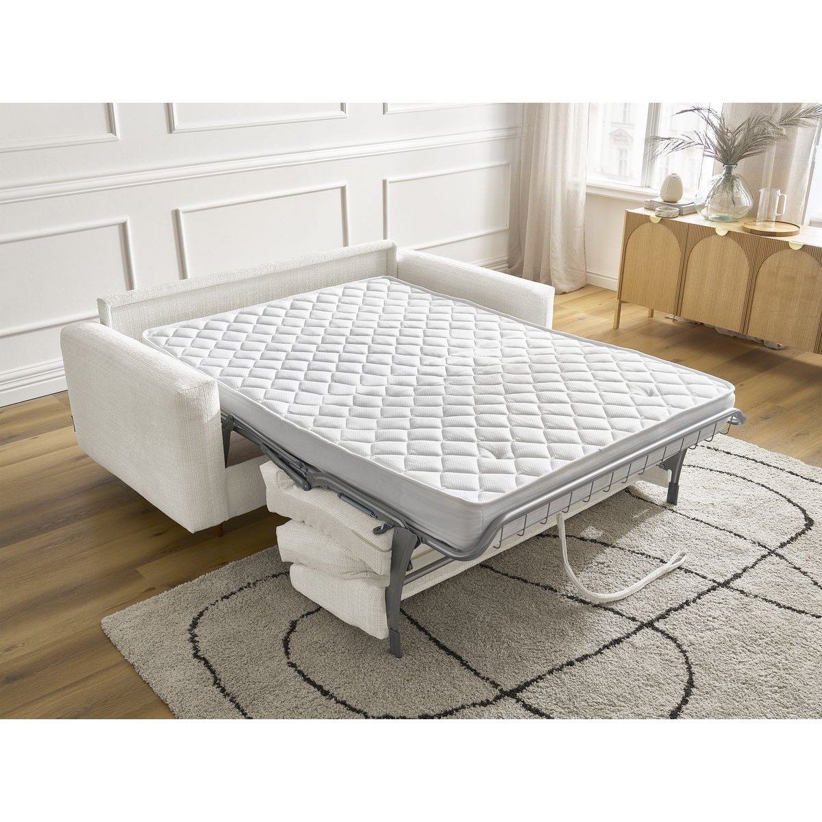 Canapé droit convertible 3 places en tissu texturé couchage 140x200 cm, COCOONE blanc, BOBOCHIC