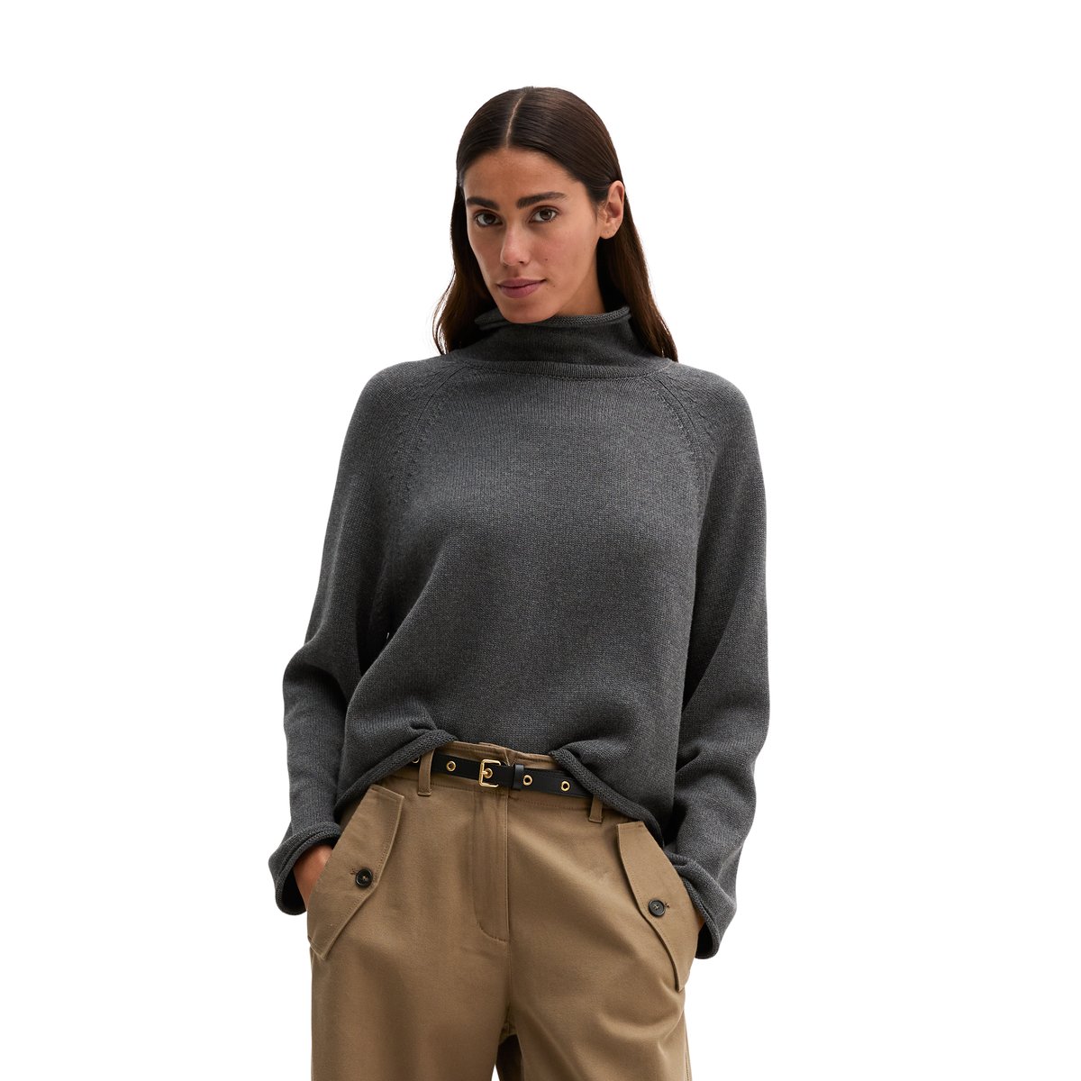 Pull à col roulé ample en coton biologique épais gris, MARC O'POLO