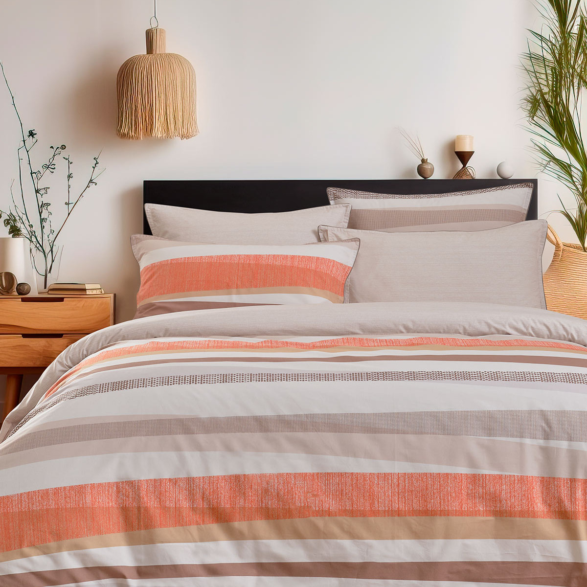 Parure de lit avec 2 taies 65x65 cm en percale YAKOUBA ficelle, SENSEI MAISON