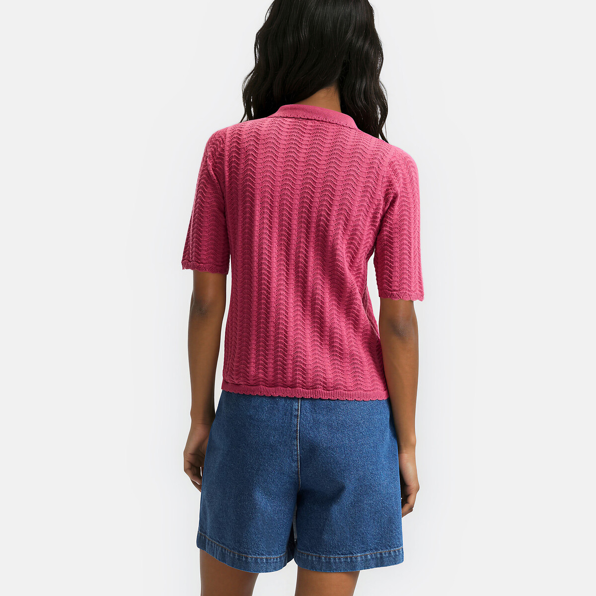 Pull col polo en coton, fine maille ajourée bois de rose, LA REDOUTE COLLECTIONS