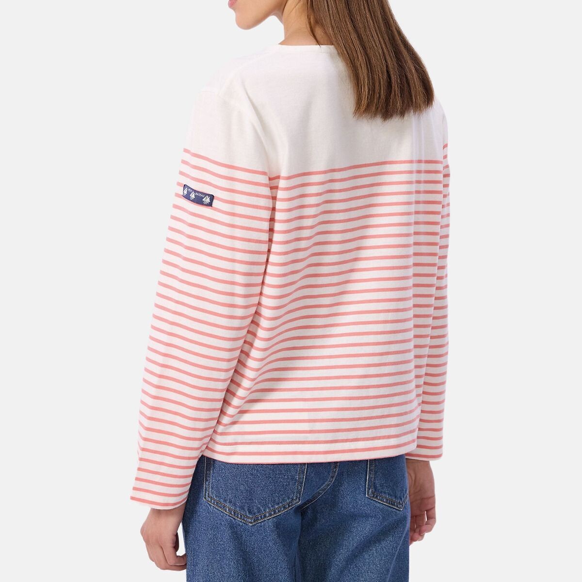 T-shirt marinière en coton blanc/rose, PETIT BATEAU