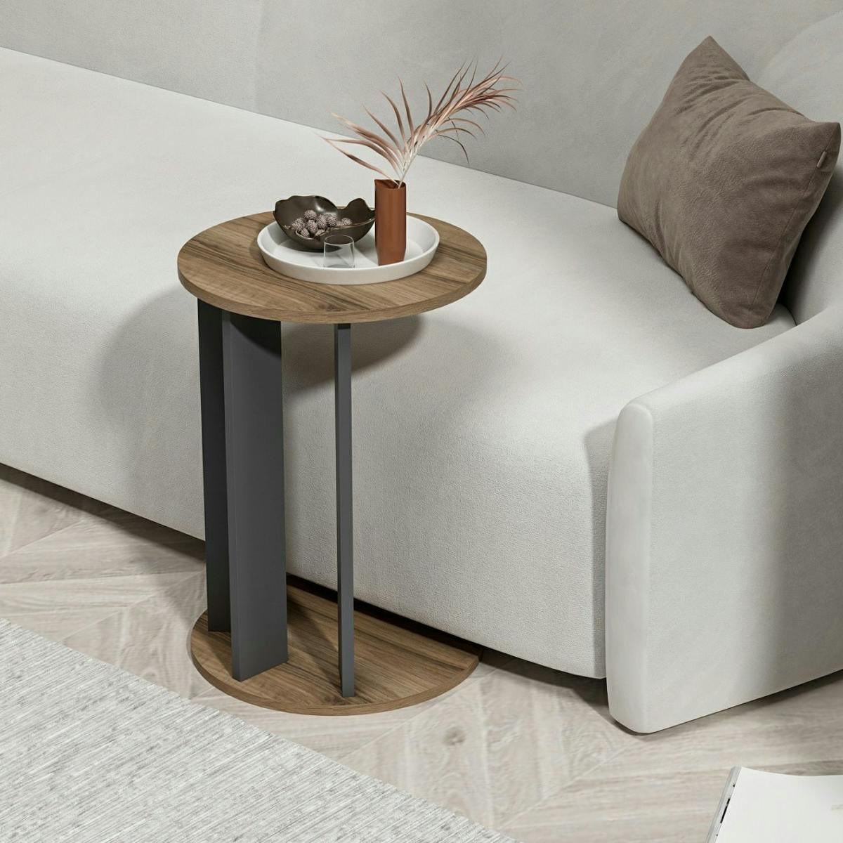 Bout de canapé rond décor bois foncé pied métal MARFA marron, PIER IMPORT