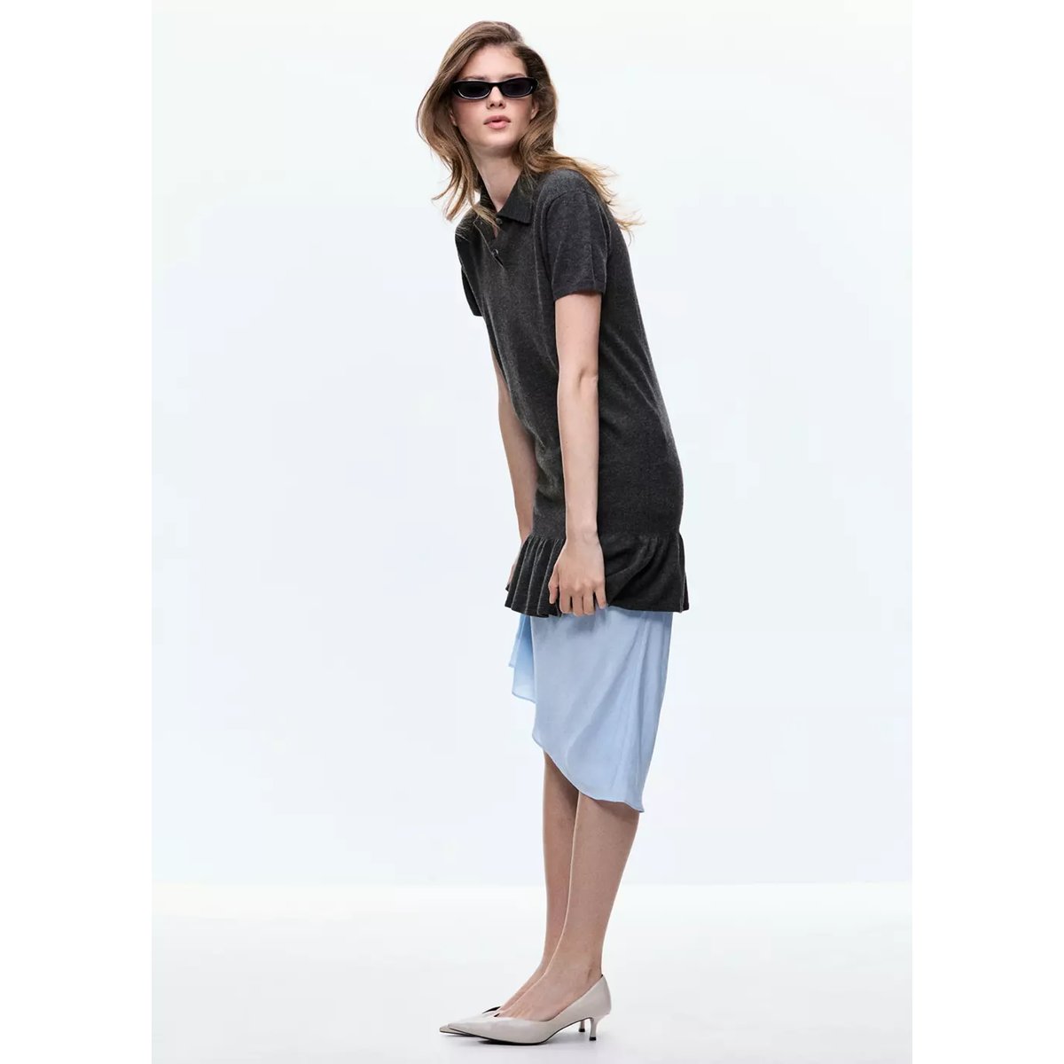 Robe maille col polo gris anthracite, MANGO